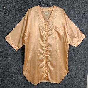 Lauren Rogers Vintage Satin Sleep Shirt Robe Sz L Front Button Peach Color